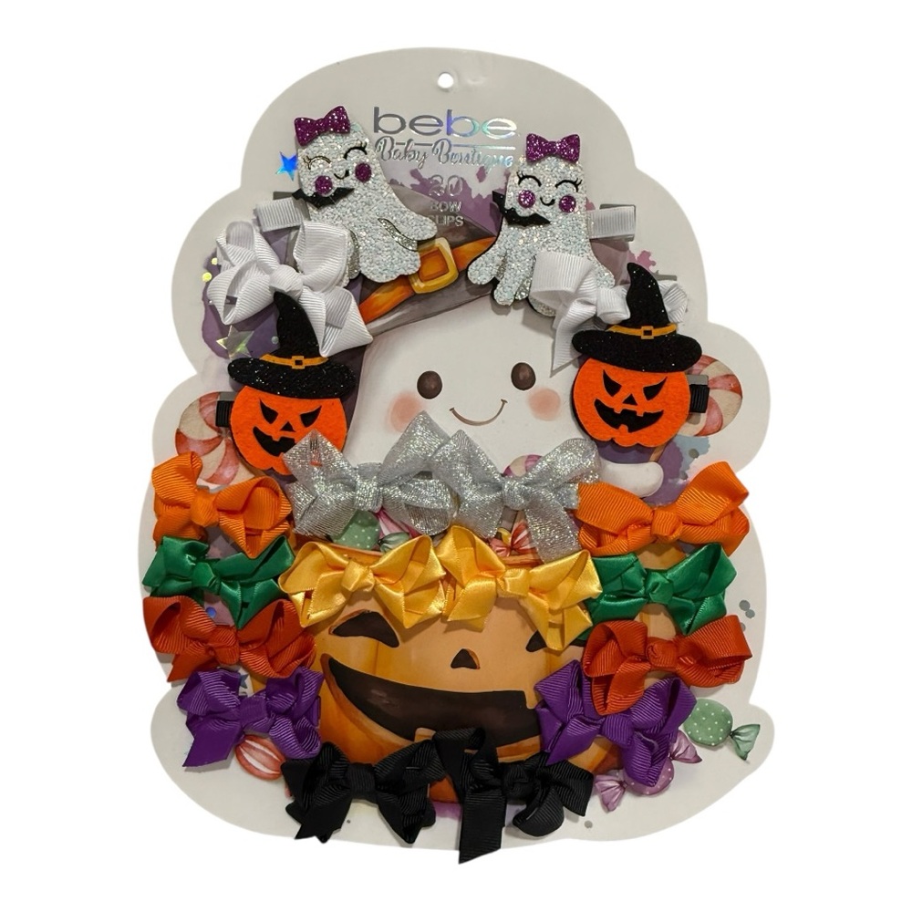 bebe Baby Boutique Halloween Hair Bow Clip Set Ghost Pumpkin 20 Pieces BRAND NEW